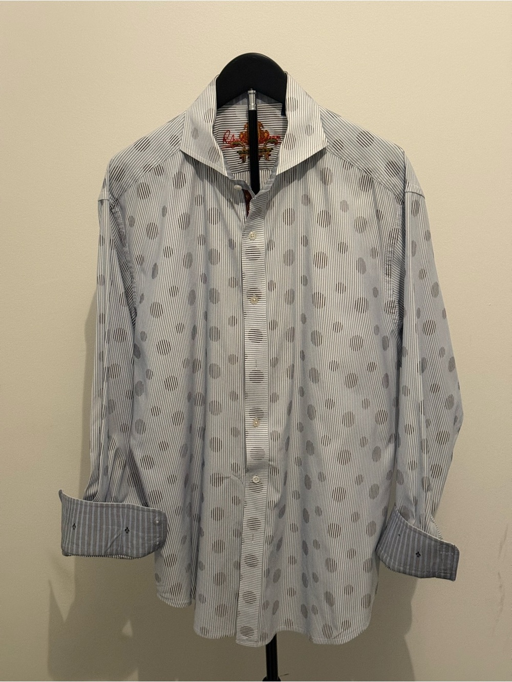Robert Graham Men’s XL White Blue Dot Long Sleeve Shirt Contrast Cuffs